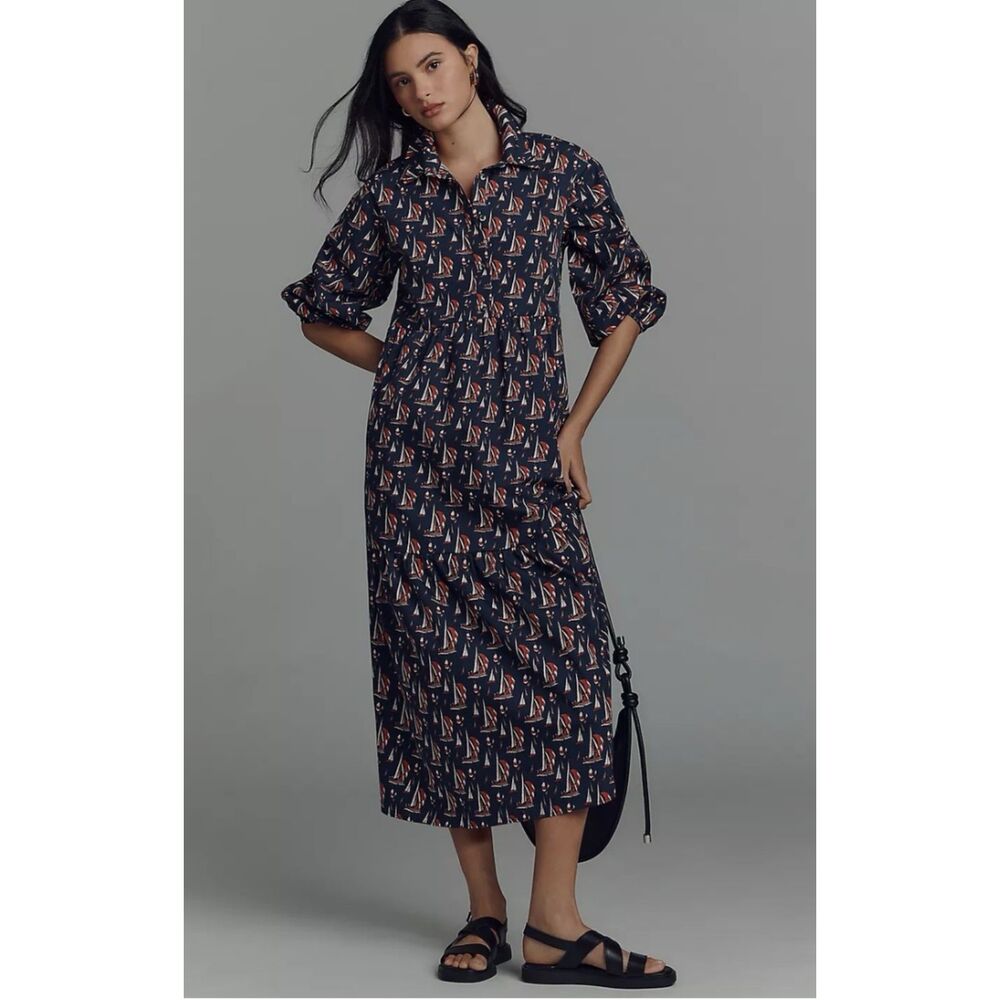 Anthropologie Maeve Bettina Sailboat Cotton Shirt Dress Size XXS‎
